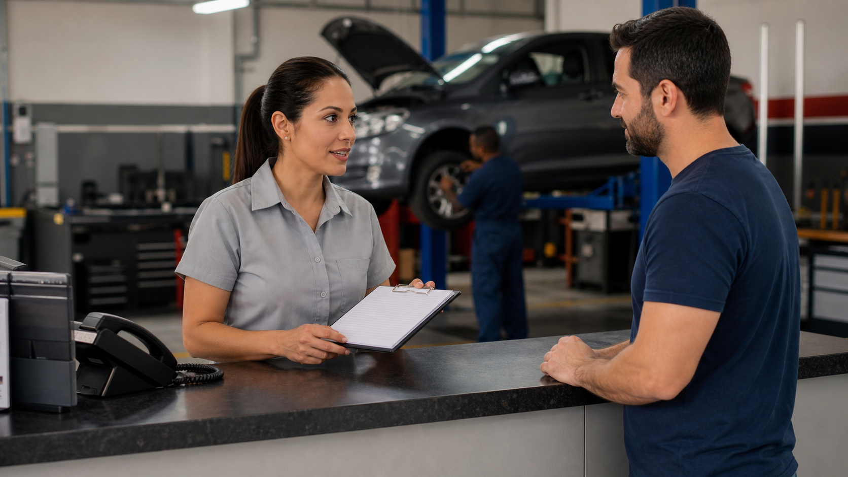 Consultora de oficina confirmando agendamento com cliente na recepção de um auto center organizado